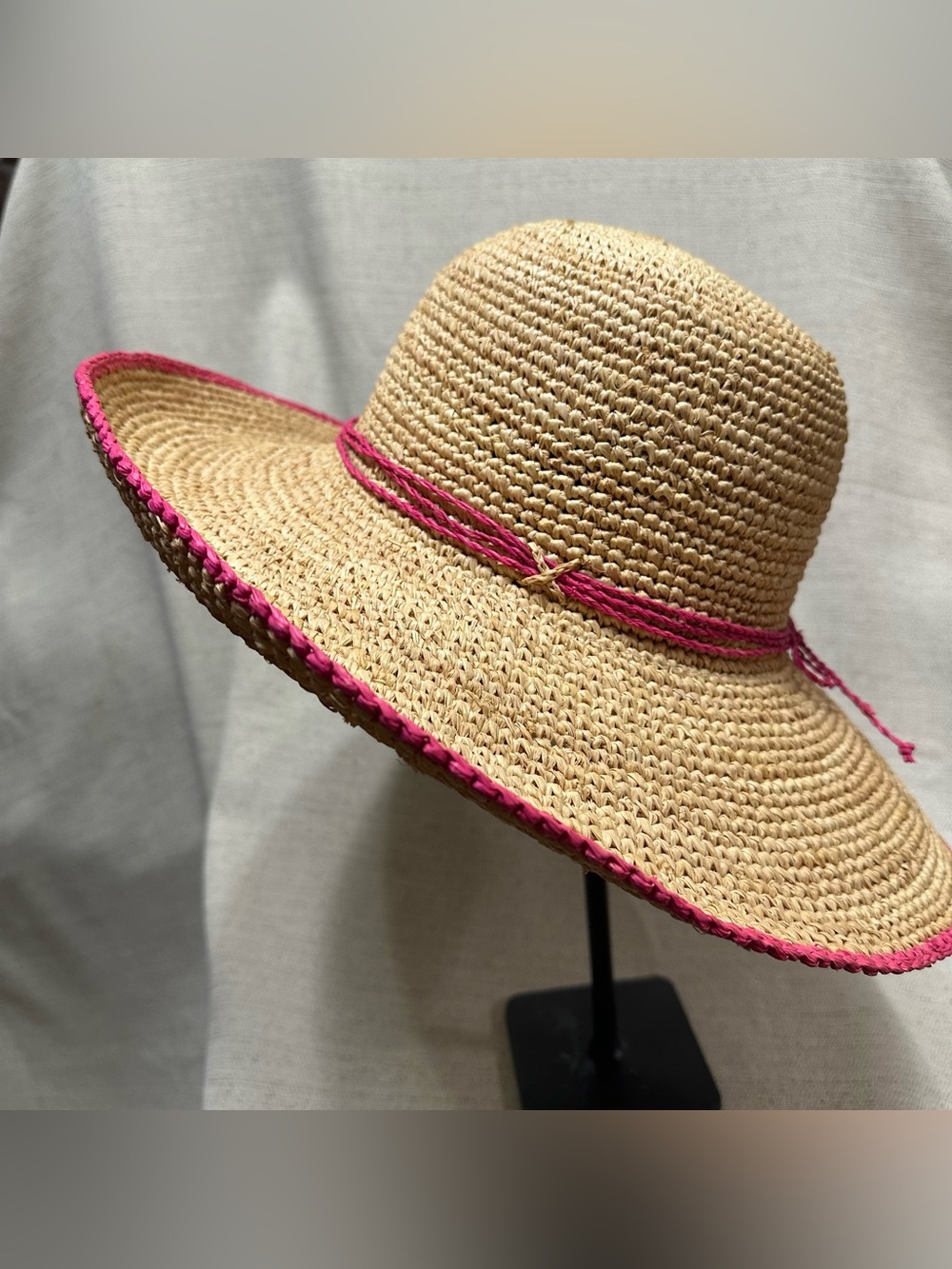 Red Fish Design Raffia Sun Hat with Pink Trim